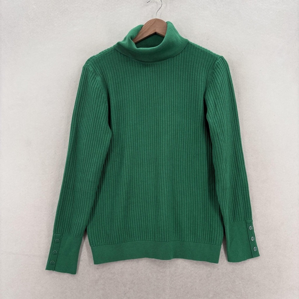 Talbots Sweater Womens M Green Turtleneck Ribbed Knit Button Cuff Pullover NWT
